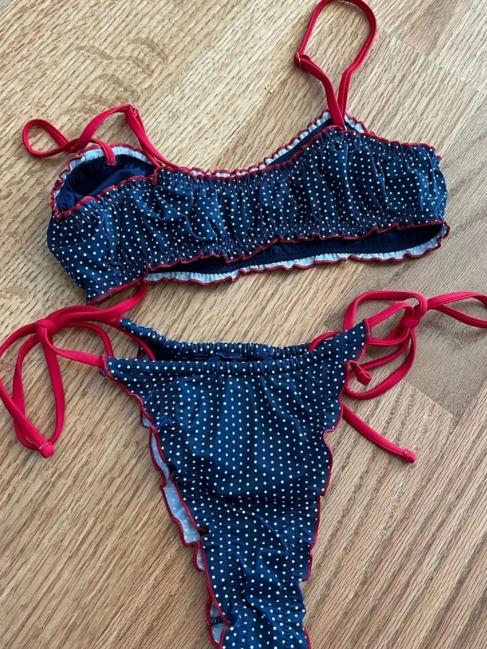 Frankie's Bikinis Navy Polka Dot Bikini with Red Trim